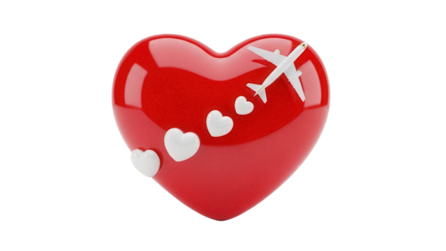 Red heart with airplane and small hearts isolated PNG, love travel concept for Valentine s Day and romantic getaways design element