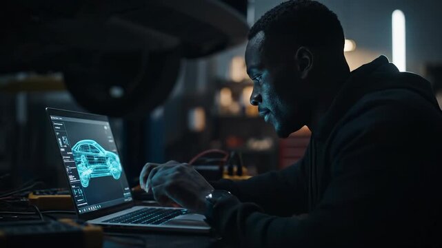 Engineer designs 3d car model. Mechanic uses laptop to refine design. Technician studies automotive model on screen in workshop. Hands type while digital car rendering rotates. It shows repair plan.