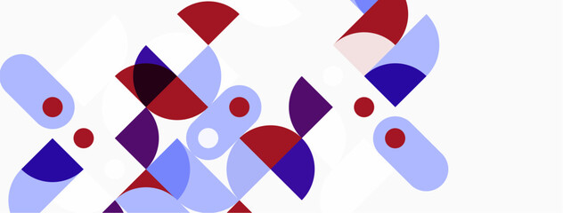Abstract geometric shapes, purple, red, light blue hues. Minimalist design, scattered composition, clean aesthetic. Modern illustration.
