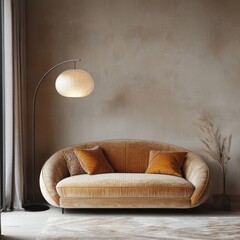 Minimalist home interior design of modern living room. Beige velvet sofa and floor lamp against wall with copy space, Generative AI