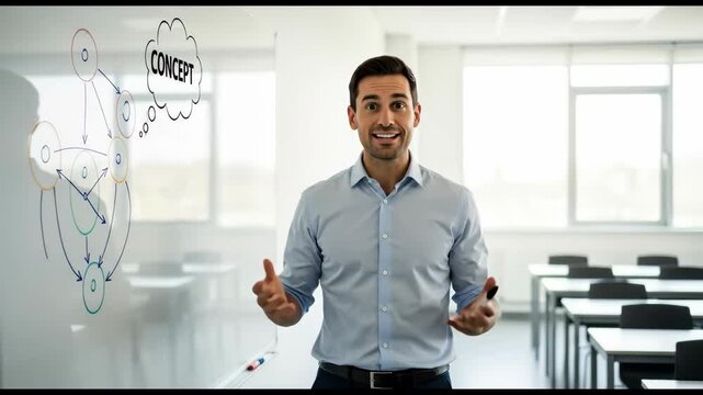 Caucasian man explains concept on whiteboard in classroom. University professor teaches students about logical flow diagrams.