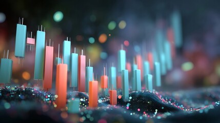 Dynamic abstract 3D render of financial candlestick chart bars emerging from a digital wave, illustrating market trends and data analysis with vibrant bokeh lights.