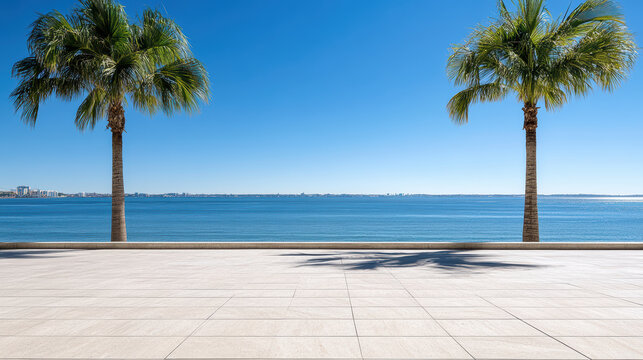 Palm tree waterfront boulevard horizon sea blue sky calm reflection - Powered by Adobe