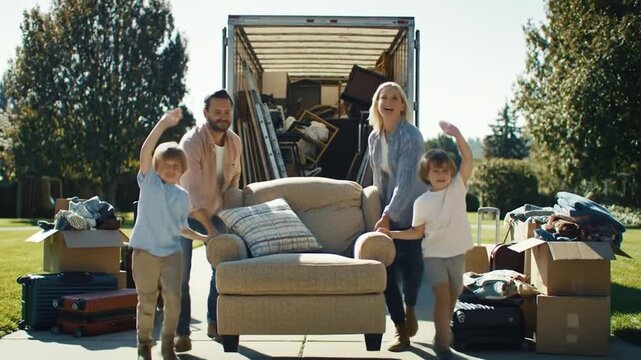 Family unloads furniture from moving truck on sunny day