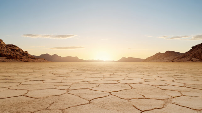 Arid cracked desert plain at sunrise with distant mountains and warm light