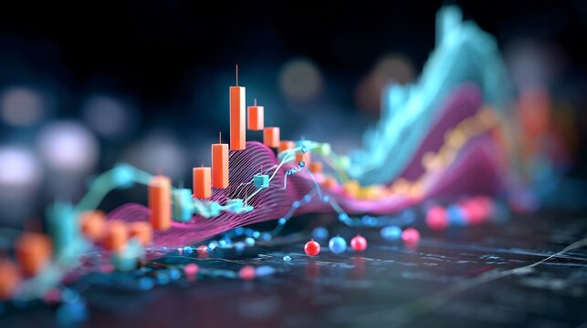 Vibrant 3D render of financial market data with glowing candlestick charts and abstract flowing lines, depicting investment trends and economic analysis. - Powered by Adobe