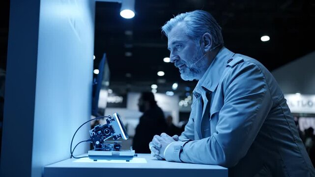 Man examines robot on display. Senior visitor studies gadget at exhibition booth. Technology demonstration draws focused attention. Conference hall shows modern innovation prototype and new device.