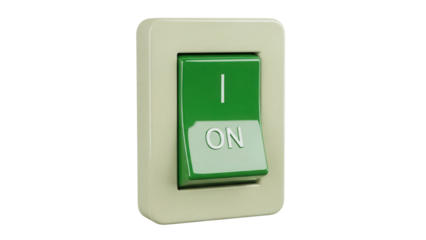 Green power switch in the on position isolated PNG, electrical component for industrial and home automation projects