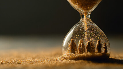 Time running out: An artistic shot featuring an hourglass with tiny figures inside, symbolizing the passage of time