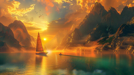 Enchanting sunset sailing amidst emerald mountains in a surreal fantasy landscape