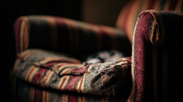 ableism. An old fabric armchair with a sagging seat cushion in warm light. lifestyle magazines, social media lookbooks, designed for lifestyle magazines and social media content, drives engagement.