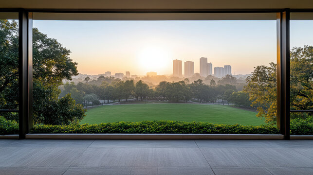 Sunrise park skyline misty morning view over manicured lawn and distant towers - Powered by Adobe