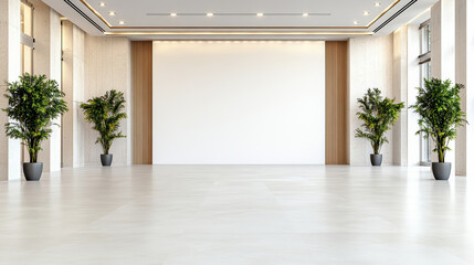 Obraz premium Modern minimalist event hall with blank white wall and potted plants creating calm atmosphere