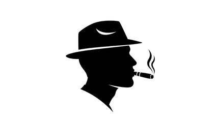 Classic silhouette of a refined man in a fedora, smoking a cigar with an air of vintage mystery and timeless style