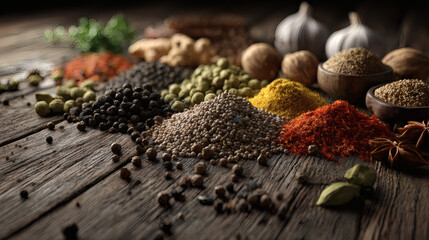 A vibrant collection of colorful spices and herbs artfully arranged on a rustic wooden surface, evoking culinary exploration and aromatic discovery.