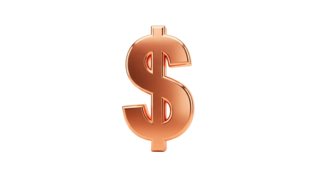Copper dollar sign PNG isolated on transparent background, currency symbol for finance and business concepts