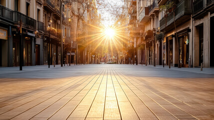 Empty european street sunrise sunburst warm morning plaza tiled pavement