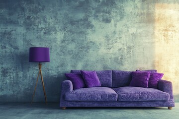 Grey sofa with violet pillow and floor lamp against concrete wall with copy space. Loft home interior design of modern living room, Generative AI