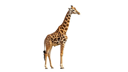 Elegant giraffe standing isolated PNG on transparent background, tall African mammal with brown spots for wildlife and nature designs