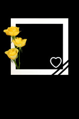 In loving memory yellow rose flower tribute card with heart symbol on black background white frame border and ribbon. Order of service, in sympathy card, invitation.
