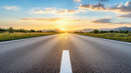 Naklejka premium Empty road at sunrise leading toward distant hills with warm glowing sky