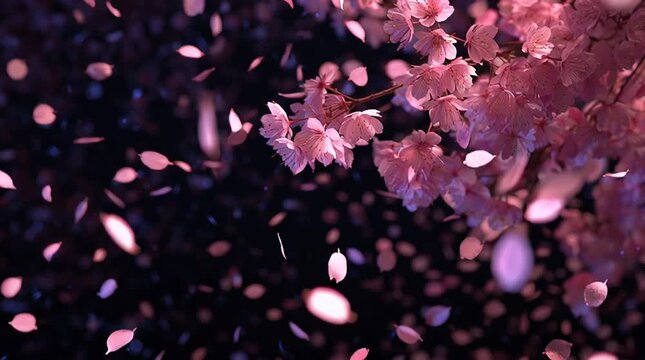 dynamic cherry blossom storm with countless pink petals dancing across a dark background creating dramatic high contrast spring magic