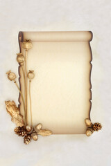 Paper scroll on parchment with gold dried poppy seed heads, pine cones acorns, leaves. Vintage old fashioned faded document blank for love letter, invitation, message.