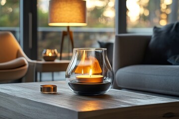 Close up of round glass jar with burning candle on rustic wooden coffee table. Lamp on side table near grey sofa. Minimalist loft home interior design of modern living room, Generative AI