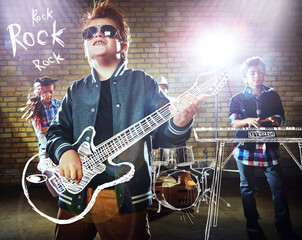 Obraz premium Rockstar, performance and friends in school with instruments, musician cosplay and overlay in band. Pretending, flare or children at academy with fake equipment, playing song or connection in concert