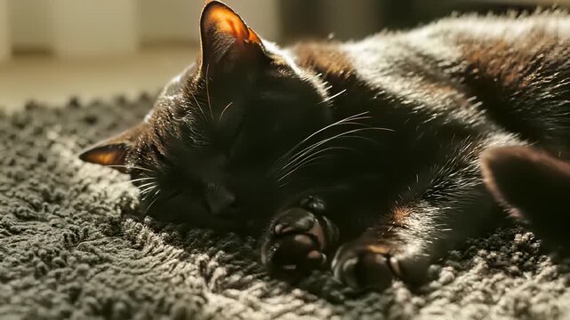 A peaceful black cat lies serene on a plush rug, perfectly capturing the concept of tranquility and calmness, ideal for representing stillness and quiet contemplation in 4K UHD resolution.