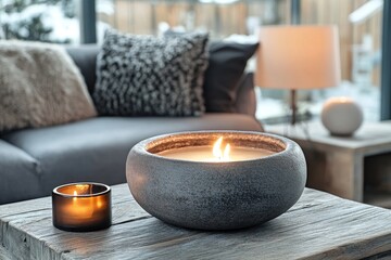 Close up of round glass jar with burning candle on rustic wooden coffee table. Lamp on side table near grey sofa. Minimalist loft home interior design of modern living room, Generative AI