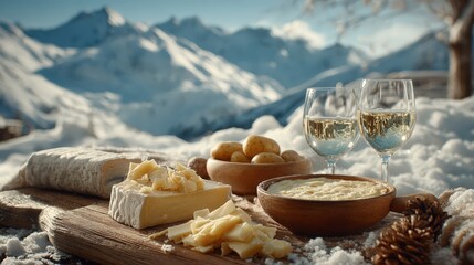 Fototapeta premium Alpine raclette dining with white wine in snow