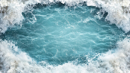 Obraz premium Turquoise ocean pool framed by foamy waves, calm center with dramatic misty surf