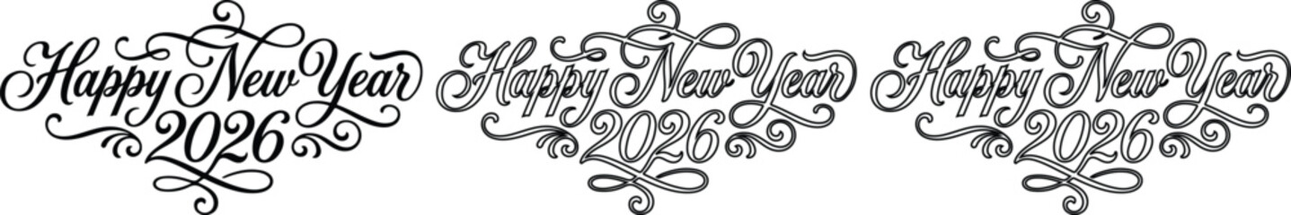 Happy new year 2026 decorative text with flourish elements for greeting card and holiday invitation vector graphic © Ehan