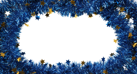 A dense, ultra-detailed border of sharp, reflective royal blue tinsel and polished golden foil stars on the top and bottom of a transparent copy space. Concept of sophisticated holiday design