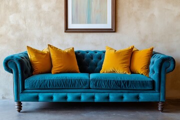 Loft home interior design of modern living room. White sofa with vibrant yellow ad mustard pillows under minimalist staircase against concrete wall, Generative AI