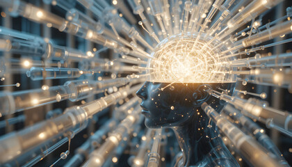 Stunning futuristic concept visualizing artificial intelligence processing massive data streams directly into a glowing neural network structure