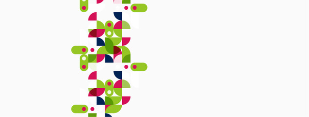 Abstract colorful shapes, mostly rounded squares and circles, scattered across white background. Minimalist design, vibrant hues present.