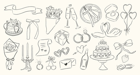 romantic doodle clipart set features hand-drawn wedding and Valentine&rsquo;s Day elements, including rings, cakes, flowers, swans, balloons, champagne glasses, gifts, bows, candles, envelopes, and decorati
