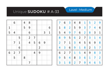 Sudoku puzzle with answer. Vector puzzle game with numbers for kids and adults. 9x9 sudoku Illustration on white background.