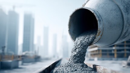 Pouring Cement: Industrial scene featuring the precise pouring of concrete from a large vessel, with construction site in the background and a focus on industry and infrastructure