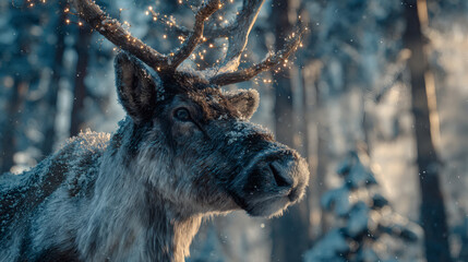 Majestic reindeer with glowing lights on antlers in a snowy winter forest