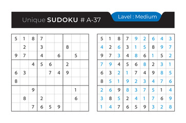 Sudoku puzzle with answer. Vector puzzle game with numbers for kids and adults. 9x9 sudoku Illustration on white background.