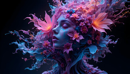 Stunning ethereal goddess portrait blooming with vibrant neon pink and cool blue fantasy flowers and liquid tendrils