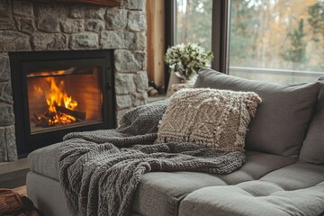 Grey daybed sofa against fireplace. Rustic scandinavian home interior design of modern living room, Generative AI
