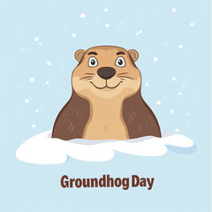 Illustration of a groundhog peeking from its burrow on snowy background. Minimal design, light blue and brown colors, and &ldquo;Groundhog Day&rdquo; banner for stock use