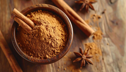 Flat lay of bowl filled with cinnamon powder and cinnamon sticks on wooden table, aromatic spice