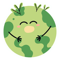 smiling Earth | hugging tiny plants | pastel green palette | eco-friendly sticker | kawaii nature illustration | bold outline | soft gradient accents | environmental vibes | playful planet design 