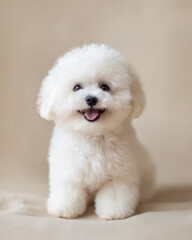 Obraz premium Bichon Frise sits on a beige background. Round fluffy white coat and soft lighting create an elegant look. Clean professional stock photo