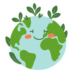 smiling Earth | hugging tiny plants | pastel green palette | eco-friendly sticker | kawaii nature illustration | bold outline | soft gradient accents | environmental vibes | playful planet design 